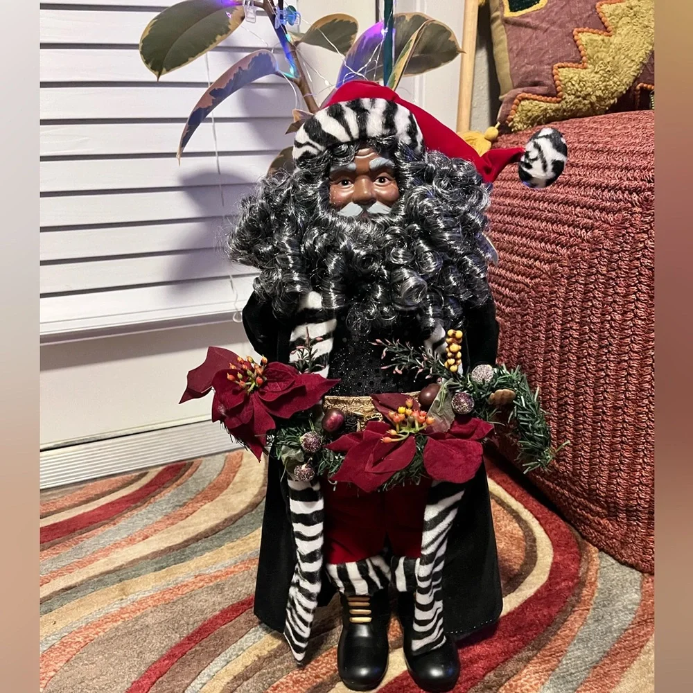 PRE-LOVED VINTAGE 19” TALL BLACK SANTA CLAUS DISPLAYED WITH HIS SOFT CURLY BEARD